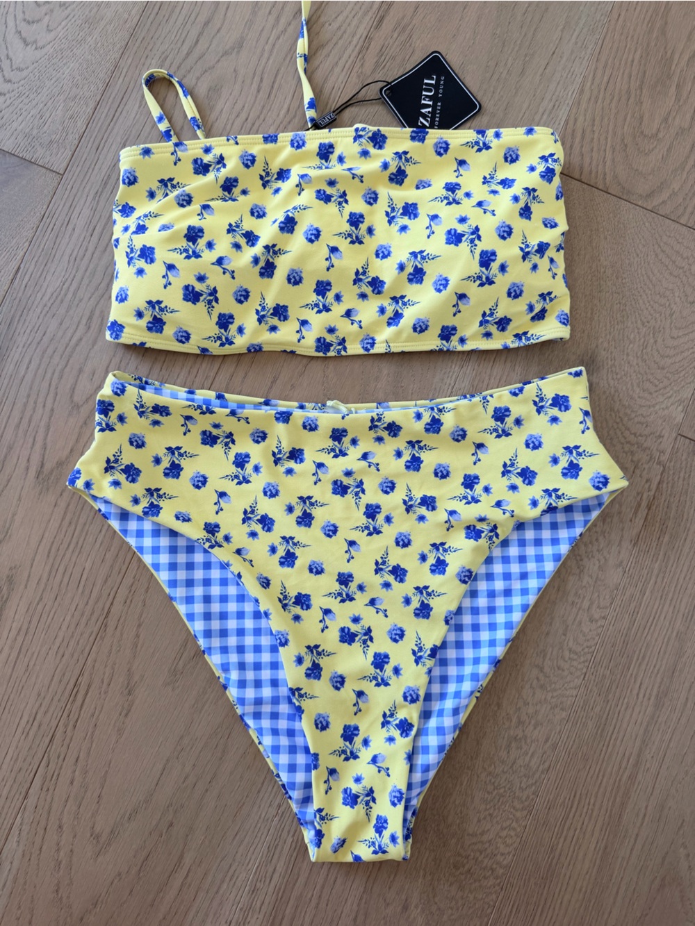 Zaful Yellow and Blue Floral Reversible Bikini Set